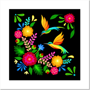 Mexican flowers and hummingbirds Posters and Art